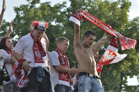 Warsaw, Poland - June 8, 2012 - Poland fans at the Warsaw fan zone during the UEFA EURO 2012 Group A match against Greece.のeditorial素材