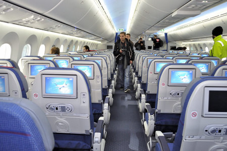 Warsaw, Poland - November 16, 2012 - The interior of the new Boeing 787 Dreamliner - First...