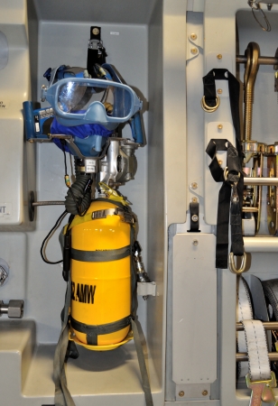 Portable oxygen recharge inside the military transport aircraft のeditorial素材