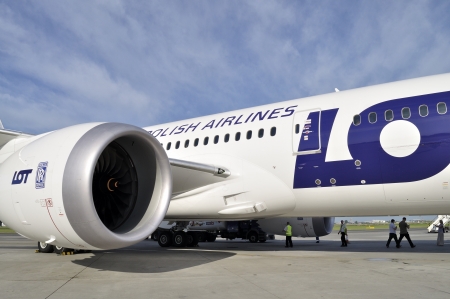 WARSAW - AUGUST 4  New Boeing 787 Dreamliner of the LOT Polish Airlines - prepare to departure at Chopin Airport on August 4, 2013 in Warsaw, Poland のeditorial素材