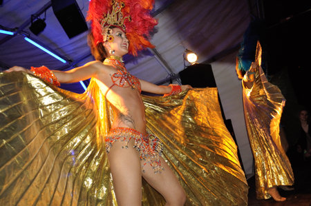 WARSAW, POLAND - JULY 16  Dancers in carnival costumes, show for the audience during the Samba...