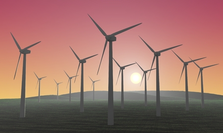 Wind farm at sunset 3D rendered illustrationの写真素材