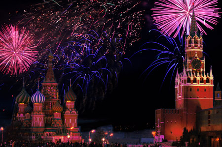 Fireworks explode over Red Square in Moscow, Russiaのeditorial素材