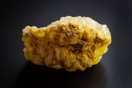 Macro of a yellow sparkly druzy agate geode isolated on black surfaceの写真素材