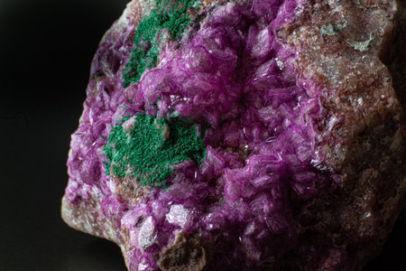 Cobalto calcite with malachite crystal macro on a black surfaceの写真素材