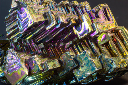 Bismuth bi close up on black surface.Interesting colour and shape crystal. Metal crystalの写真素材