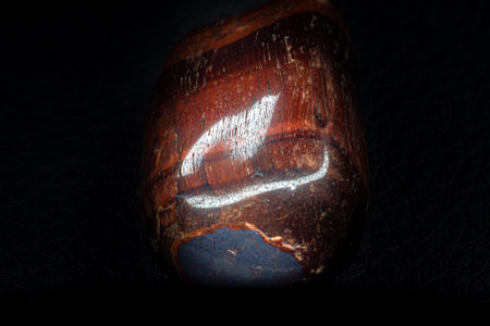 macro shooting of natural mineral rock specimen - tumbled jasper gemstone on black backgroundの写真素材