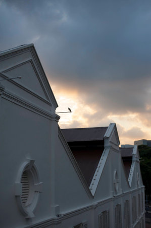 View of a hotel building at sunrise.の写真素材