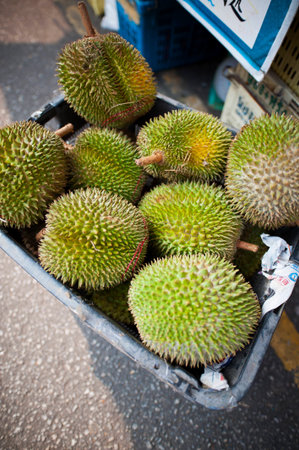 Ripe durians unpacked at a local market stall.の写真素材