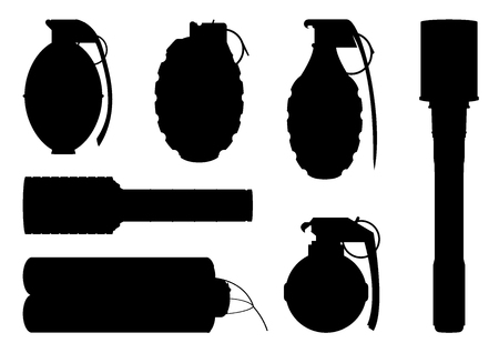 Set of hand grenade silhouettes fro design and graphical layoutsのイラスト素材