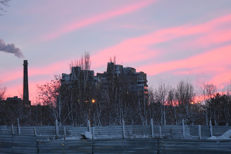 Sunset in the city winter dayの写真素材