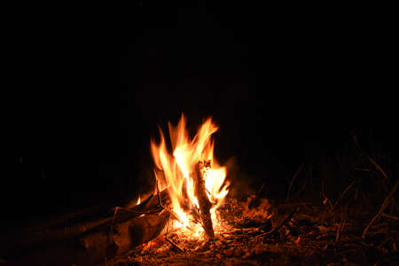 campfire at night with long flame and sparksの写真素材