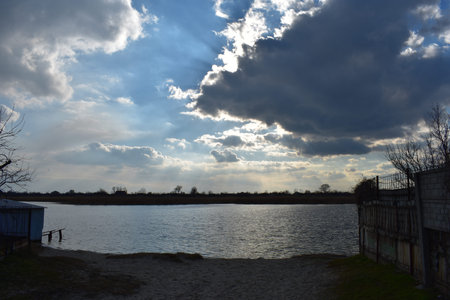 clouds over the riverの写真素材