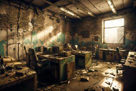 Interior of an abandoned factory, industrial background, toned imageの素材