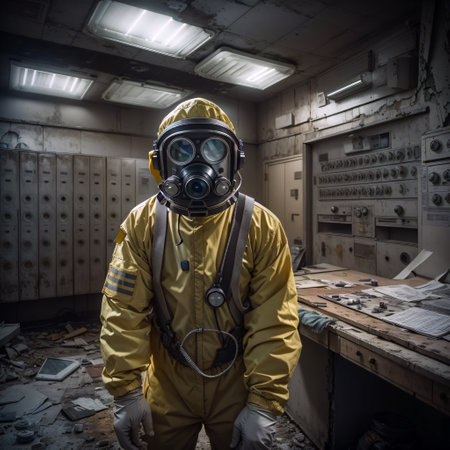 A man in a gas mask in an abandoned nuclear power plant.の素材