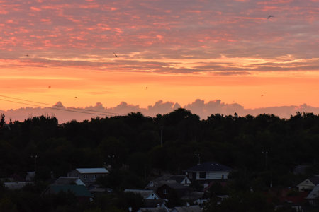 Beautiful sunset over the village in the summer. Colorful sky.の写真素材