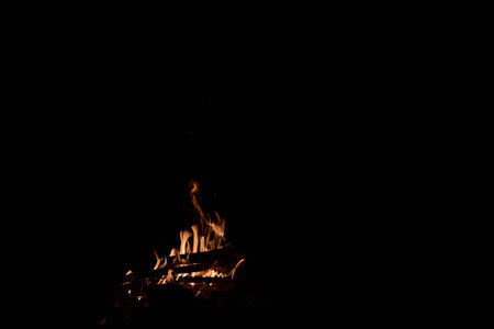 Firewood burning in a campfire on a black background with copy space