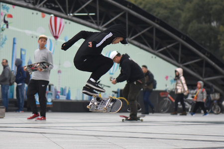 Unidentified skaters at the Frankfurt Skate Park.の写真素材