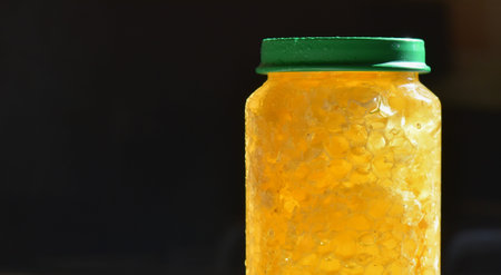 A glass jar of honey on a black background with copy space.