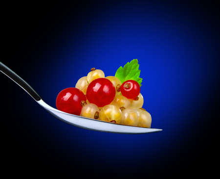 red and white currants in spoon on a blue backgroundの写真素材