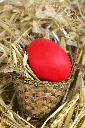 Small easter basket with red egg on the straw.の写真素材