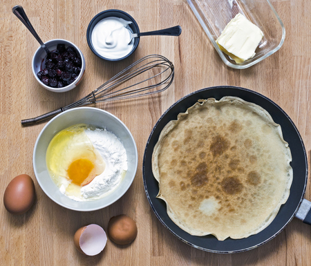 Prepairing pancakes. Top viewの写真素材
