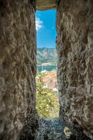 The fortress wall in the city of Kotor, in Montenegroの写真素材