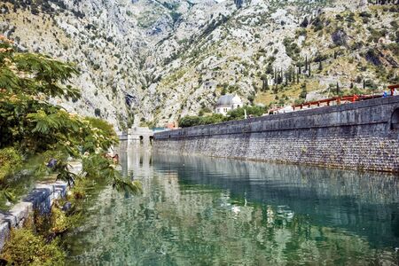 The fortress wall in the city of Kotor, in Montenegroの写真素材