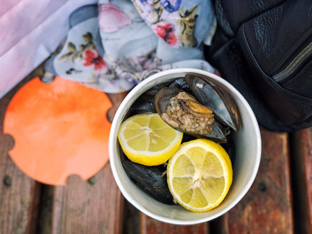 Boiled mussels with rice flat lay. Food tavel conceptの写真素材