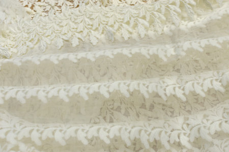 Cotton fabric, organza, embroidered with fringed macrame, ivory