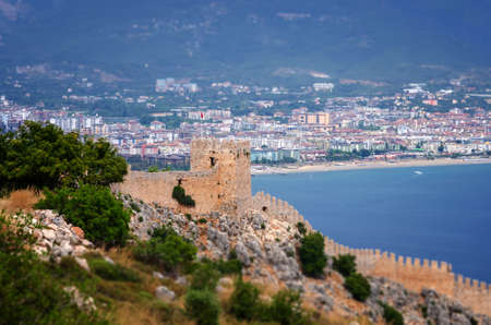 Panoramic view of Alanya and Alanya fortress in Turkey in black and whiteの写真素材