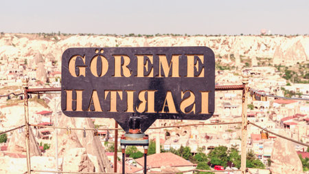 Sunset view point in Goreme and the sign of the town.の写真素材