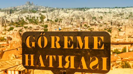 Sunset view point in Goreme and the sign of the town.の写真素材