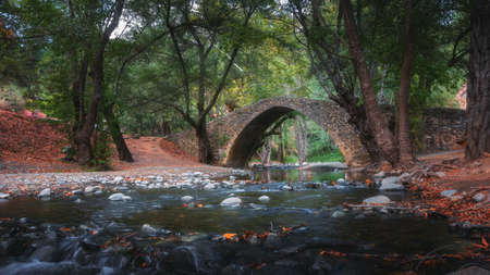 Venetian bridge in Cyprus in the Troodos mountains. Beautiful autumn landscape with river, trees and ancient bridge. Medieval architectureの写真素材