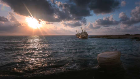 The shipwreck (Edro III) at sunset near Paphos, Cyprus. Long exposureの写真素材