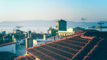 The roofs of Ouranopolis at dawn, Halkidiki, Greeceの写真素材