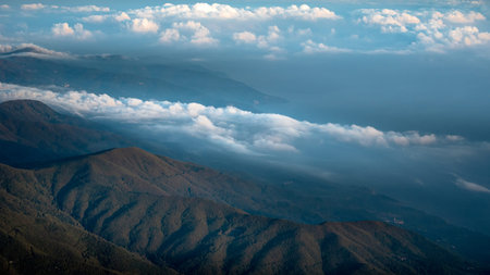 A view from the top of the Agion Oros (Athos Mountain) in Greece, Halkidiki.
