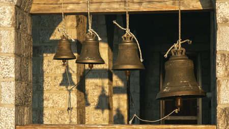 Bells at the Church on top of the Mount Athos in sinrise rays. Holy Mountain, Greece