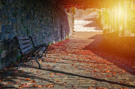 Bench in the old Greek monasteryの写真素材