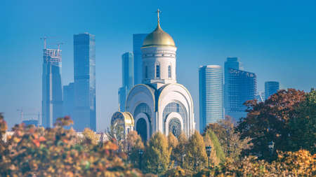 Victory Park on Poklonnaya hill in Moscow, Russia. The Temple of The Holy Great Martyr George The Victorious.の写真素材