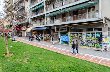 Thessaloniki, Greece - MARCH 26, 2017: People walking near the Egnatis street between The Arch of Galerius Emperor and Rotonda in Thessaloniki, Greeceのeditorial素材