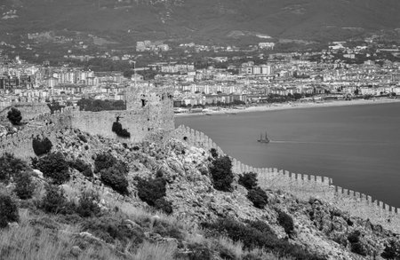 Panoramic view of Alanya and Alanya fortress in Turkey in black and whiteのeditorial素材