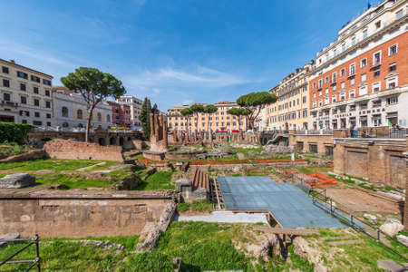 Rome, Italy - April 01 2019: The ruins of Largo di Torre Argentina sacred area containing Roman temples and the remains of Pompey's Theater, now a cat sanctuary.のeditorial素材