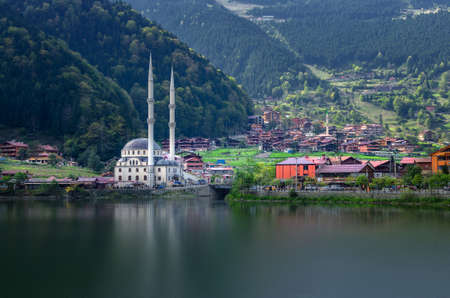 Mosque on the mountain lake Uzungol, Trabzon, Turkeyのeditorial素材