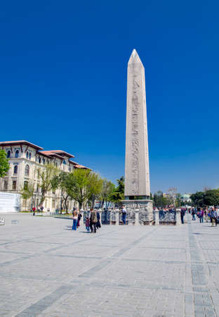 ISTANBUL, TURKEY - APRIL 10, 2014: Obelisk of Theodosius (Egyptian Obelisk) near Blue Mosque (Sultanahmet camii) in the ancient Hippodrome on April 10 Istanbul, Turkeyのeditorial素材