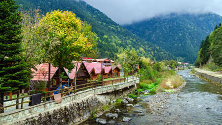 Trabzon, Turkey- October 9, 2018; Uzungol (Long Lake) area most beautiful tourist places in Turkey. The mountain valley with a trout lake and a small village in Trabzon, Turkey. Popular destinationのeditorial素材