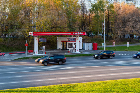 Moscow, Russia - 08 October 2021: Lukoil gas station on one of the streets in Moscow, Russiaのeditorial素材