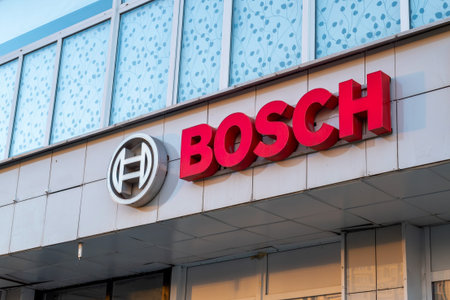 Moscow, Russia - 08 October 2021: Exterior view of Bosh sign on building facade.