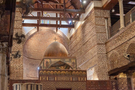 Cairo, Egypt - April 13, 2021: Inside Abu Serga church. Saints Sergius and Bacchus Church, also known as Abu Serga, in Coptic Cairo is one of the oldest Coptic churches in Egyptのeditorial素材