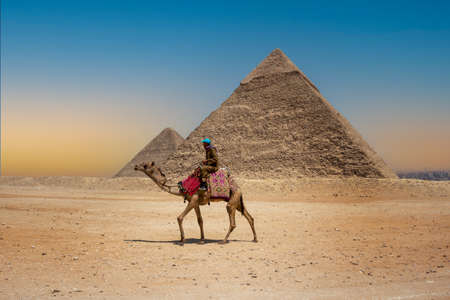 Giza, Cairo, Egypt - April 13, 2021. Egyptian riding a camel in the desert near pyramid.のeditorial素材